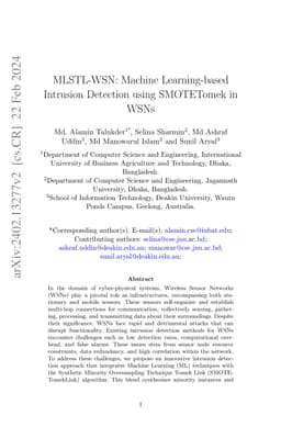 MLSTL-WSN: Machine Learning-based Intrusion Detection using SMOTETomek
  in WSNs