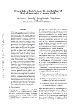 Retrieval Helps or Hurts? A Deeper Dive into the Efficacy of Retrieval
  Augmentation to Language Models