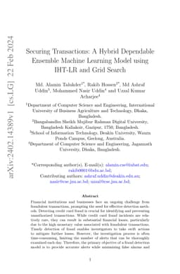 Securing Transactions: A Hybrid Dependable Ensemble Machine Learning
  Model using IHT-LR and Grid Search