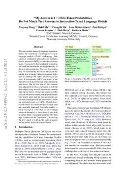 "My Answer is C": First-Token Probabilities Do Not Match Text Answers in
  Instruction-Tuned Language Models