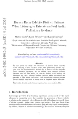 Human Brain Exhibits Distinct Patterns When Listening to Fake Versus
  Real Audio: Preliminary Evidence