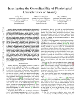 Investigating the Generalizability of Physiological Characteristics of
  Anxiety