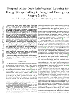 Temporal-Aware Deep Reinforcement Learning for Energy Storage Bidding in
  Energy and Contingency Reserve Markets