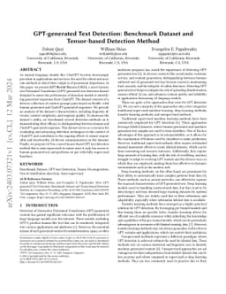 GPT-generated Text Detection: Benchmark Dataset and Tensor-based
  Detection Method