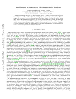 Signed graphs in data sciences via communicability geometry