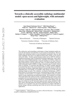 Towards a clinically accessible radiology foundation model: open-access
  and lightweight, with automated evaluation
