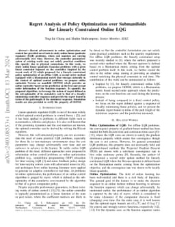 Regret Analysis of Policy Optimization over Submanifolds for Linearly
  Constrained Online LQG