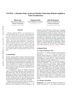 ViT-MUL: A Baseline Study on Recent Machine Unlearning Methods Applied
  to Vision Transformers
