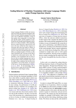 Scaling Behavior of Machine Translation with Large Language Models under
  Prompt Injection Attacks