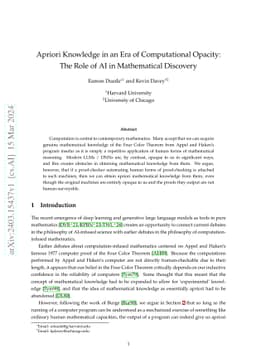 Apriori Knowledge in an Era of Computational Opacity: The Role of AI in
  Mathematical Discovery