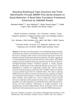 Decoding Multilingual Topic Dynamics and Trend Identification through
  ARIMA Time Series Analysis on Social Networks: A Novel Data Translation
  Framework Enhanced by LDA/HDP Models