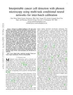 Interpretable cancer cell detection with phonon microscopy using
  multi-task conditional neural networks for inter-batch calibration
