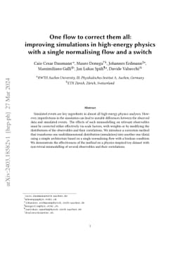 One flow to correct them all: improving simulations in high-energy
  physics with a single normalising flow and a switch