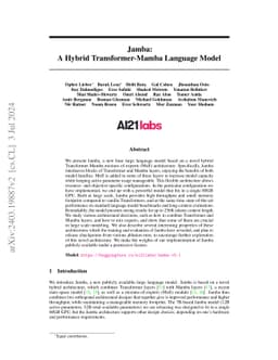 Jamba: A Hybrid Transformer-Mamba Language Model