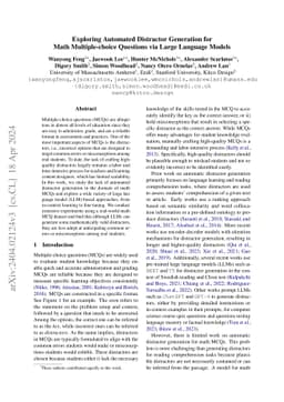 Exploring Automated Distractor Generation for Math Multiple-choice
  Questions via Large Language Models
