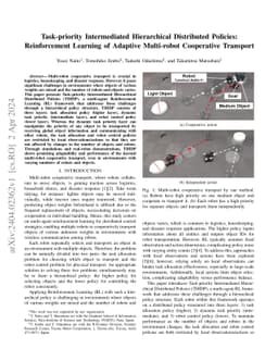 Task-priority Intermediated Hierarchical Distributed Policies:
  Reinforcement Learning of Adaptive Multi-robot Cooperative Transport