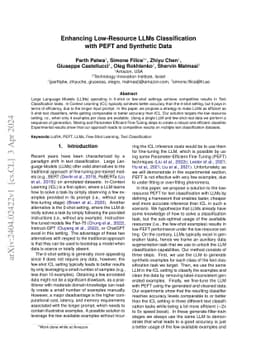 Enhancing Low-Resource LLMs Classification with PEFT and Synthetic Data