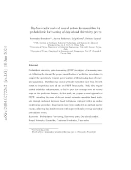 On-line conformalized neural networks ensembles for probabilistic
  forecasting of day-ahead electricity prices