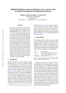 SHROOM-INDElab at SemEval-2024 Task 6: Zero- and Few-Shot LLM-Based
  Classification for Hallucination Detection