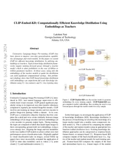 CLIP-Embed-KD: Computationally Efficient Knowledge Distillation Using
  Embeddings as Teachers