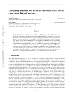 Computing distances and means on manifolds with a metric-constrained
  Eikonal approach