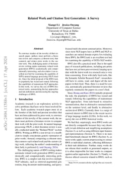 Related Work and Citation Text Generation: A Survey