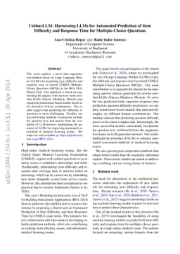 UnibucLLM: Harnessing LLMs for Automated Prediction of Item Difficulty
  and Response Time for Multiple-Choice Questions