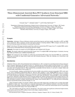 Three-Dimensional Amyloid-Beta PET Synthesis from Structural MRI with
  Conditional Generative Adversarial Networks