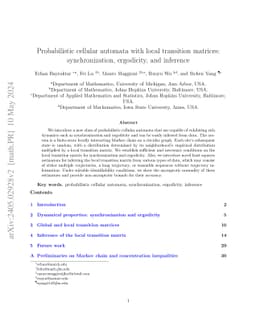 Probabilistic cellular automata with local transition matrices:
  synchronization, ergodicity, and inference