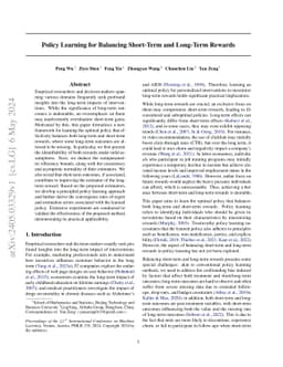 Policy Learning for Balancing Short-Term and Long-Term Rewards