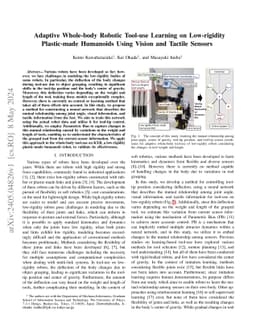 Adaptive Whole-body Robotic Tool-use Learning on Low-rigidity
  Plastic-made Humanoids Using Vision and Tactile Sensors