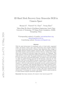 3D Hand Mesh Recovery from Monocular RGB in Camera Space
