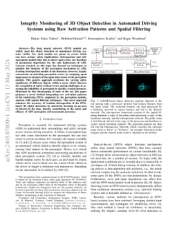 Integrity Monitoring of 3D Object Detection in Automated Driving Systems
  using Raw Activation Patterns and Spatial Filtering