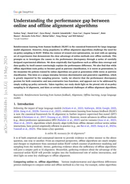 Understanding the performance gap between online and offline alignment
  algorithms