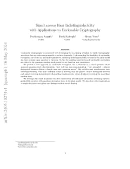 Simultaneous Haar Indistinguishability with Applications to Unclonable
  Cryptography