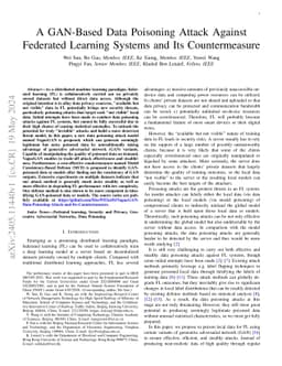 A GAN-Based Data Poisoning Attack Against Federated Learning Systems and
  Its Countermeasure