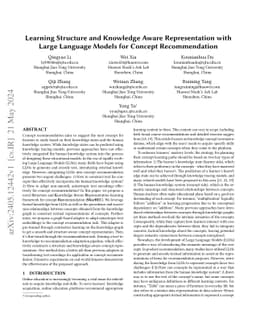 Learning Structure and Knowledge Aware Representation with Large
  Language Models for Concept Recommendation