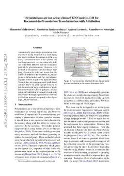 Presentations are not always linear! GNN meets LLM for
  Document-to-Presentation Transformation with Attribution