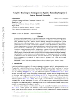 Adaptive Teaching in Heterogeneous Agents: Balancing Surprise in Sparse
  Reward Scenarios