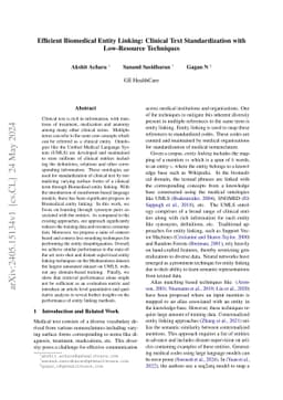 Efficient Biomedical Entity Linking: Clinical Text Standardization with
  Low-Resource Techniques