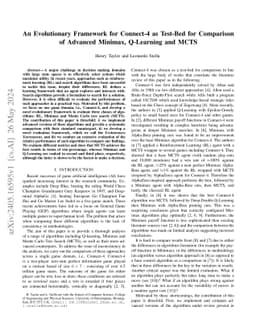 An Evolutionary Framework for Connect-4 as Test-Bed for Comparison of
  Advanced Minimax, Q-Learning and MCTS