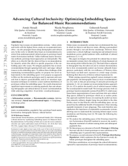 Advancing Cultural Inclusivity: Optimizing Embedding Spaces for Balanced
  Music Recommendations