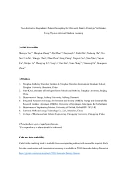Non-destructive Degradation Pattern Decoupling for Ultra-early Battery
  Prototype Verification Using Physics-informed Machine Learning