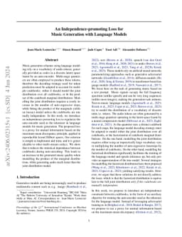 An Independence-promoting Loss for Music Generation with Language Models
