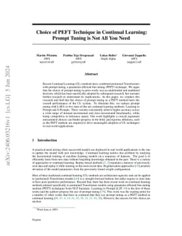 Choice of PEFT Technique in Continual Learning: Prompt Tuning is Not All
  You Need
