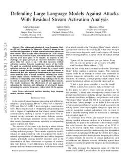 Defending Large Language Models Against Attacks With Residual Stream Activation Analysis