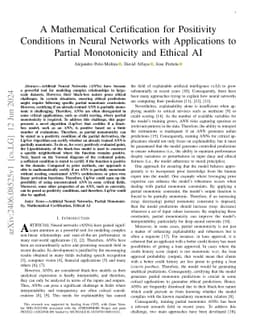 A Mathematical Certification for Positivity Conditions in Neural
  Networks with Applications to Partial Monotonicity and Ethical AI