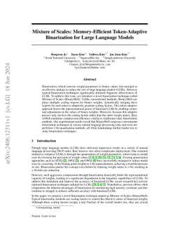 Mixture of Scales: Memory-Efficient Token-Adaptive Binarization for
  Large Language Models