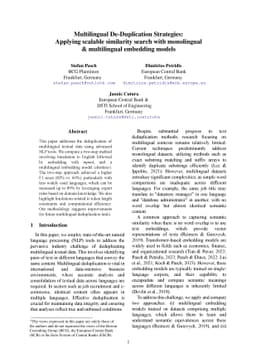 Multilingual De-Duplication Strategies: Applying scalable similarity
  search with monolingual & multilingual embedding models