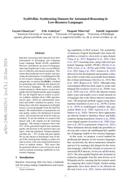 SynDARin: Synthesising Datasets for Automated Reasoning in Low-Resource
  Languages